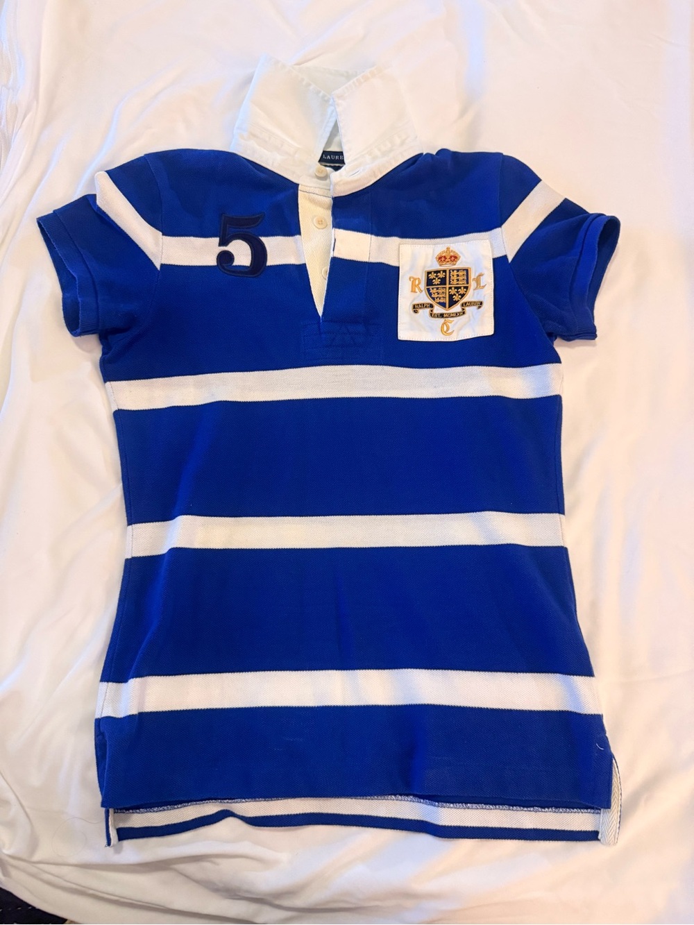 Ralph Lauren Blue & White Striped Polo with Crest Patch